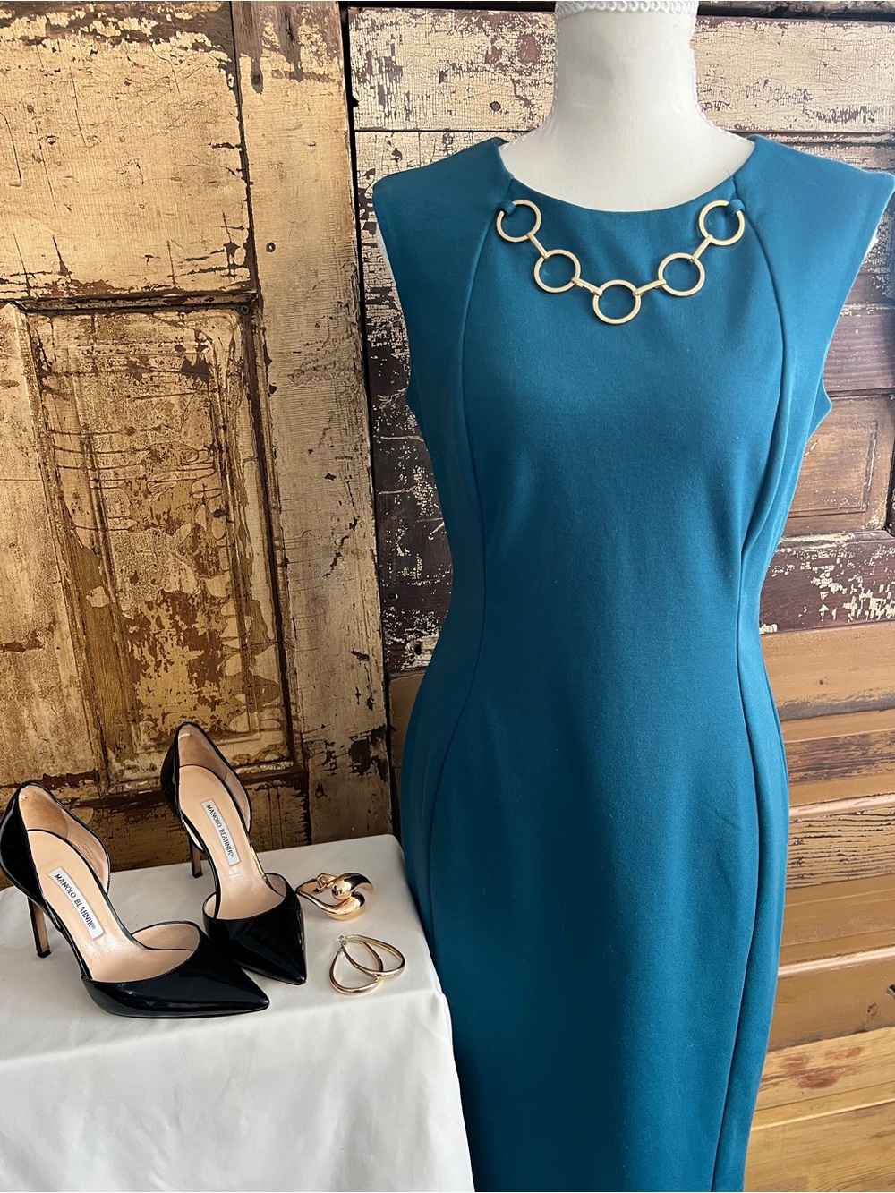 Calvin Klein Teal Sheath Dress | Gold Hardware Detail | Size 6